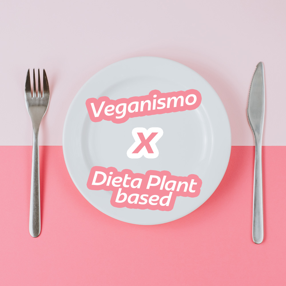 Um prato centralizado na imagem, com a comparação dos termos veganismo e dieta plant based