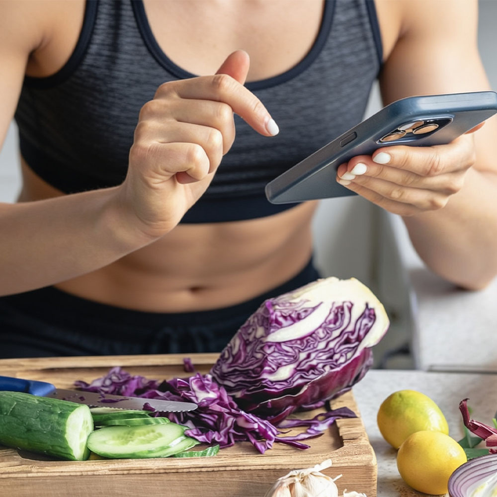 Na foto, está uma mulher checando o telefone enquanto prepara uma refeição.