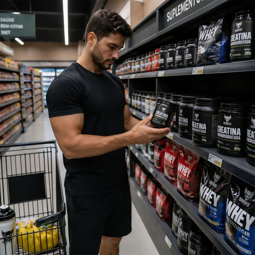 Na imagem, um homem no mercado analisando o rótulo de uma creatina