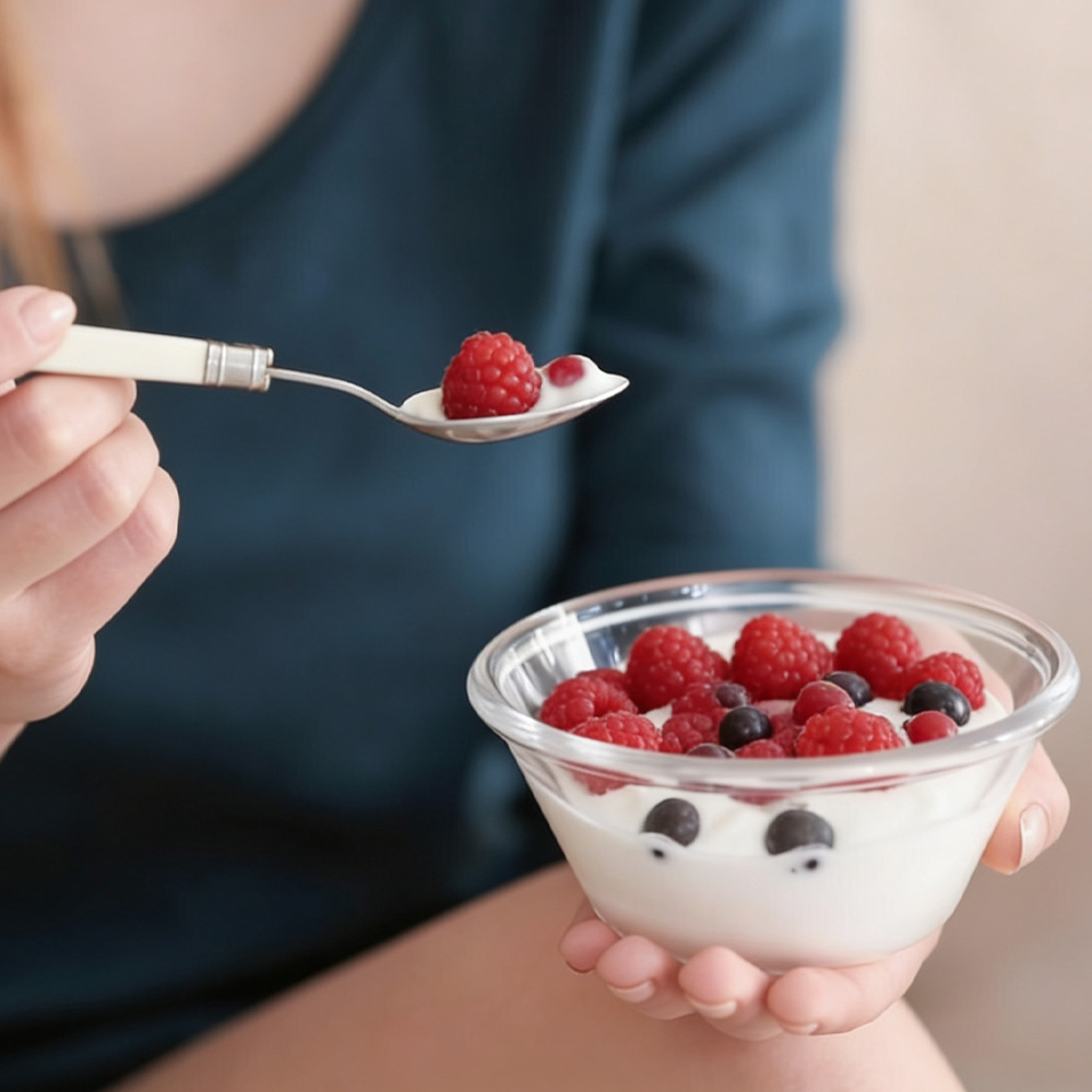 Na foto, uma pessoa segurando um bowl de iogurte com frutas vermelhas.