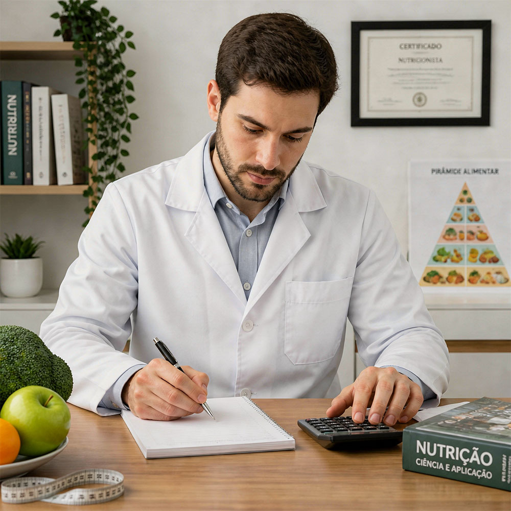 Na foto, um nutricionista fazendo cálculos na mão.