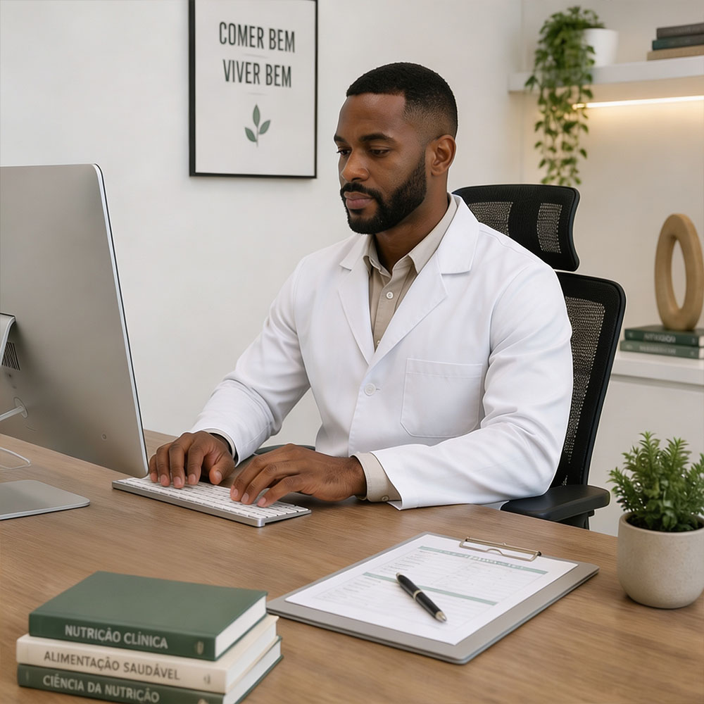 Na foto, um nutricionista está sentado em frente ao computador e digitando.