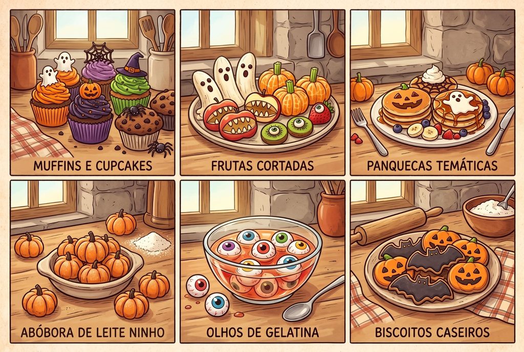Imagem ilustrativa de diferentes ideias de receitas temáticas de halloween.