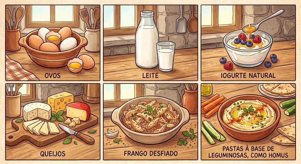 Imagens ilustrativas de opções de alimentos proteicos para compor o café da manhã.
