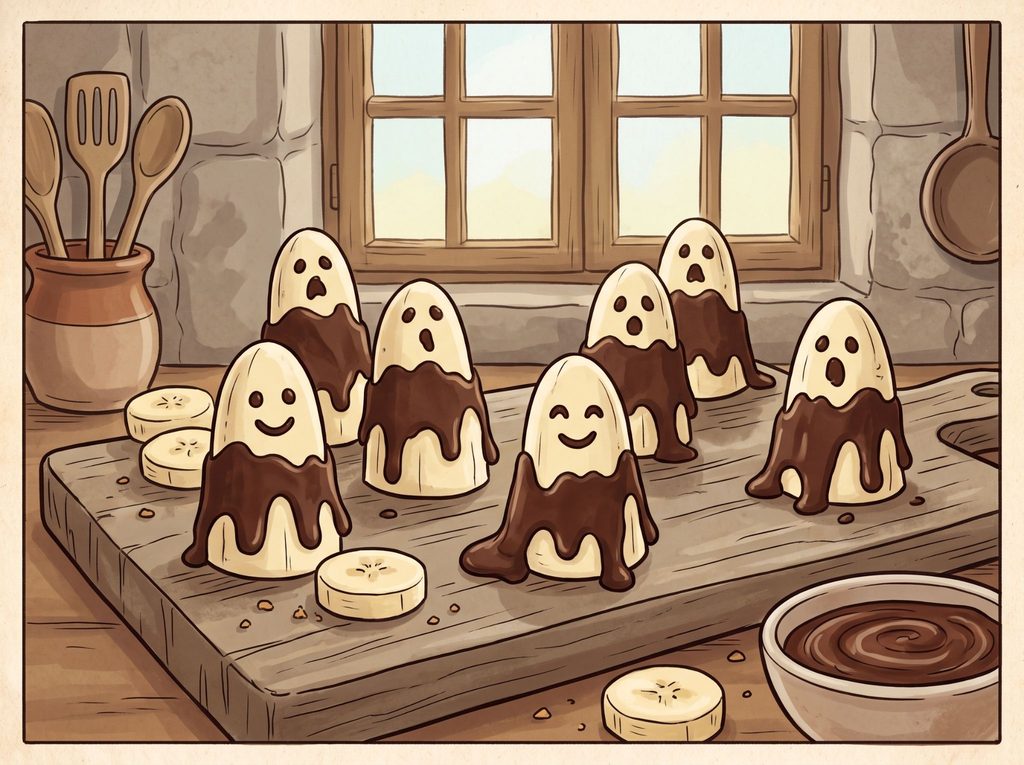 Na imagem, uma ilustração de uma receita de fantasmas de banana com chocolate. 
