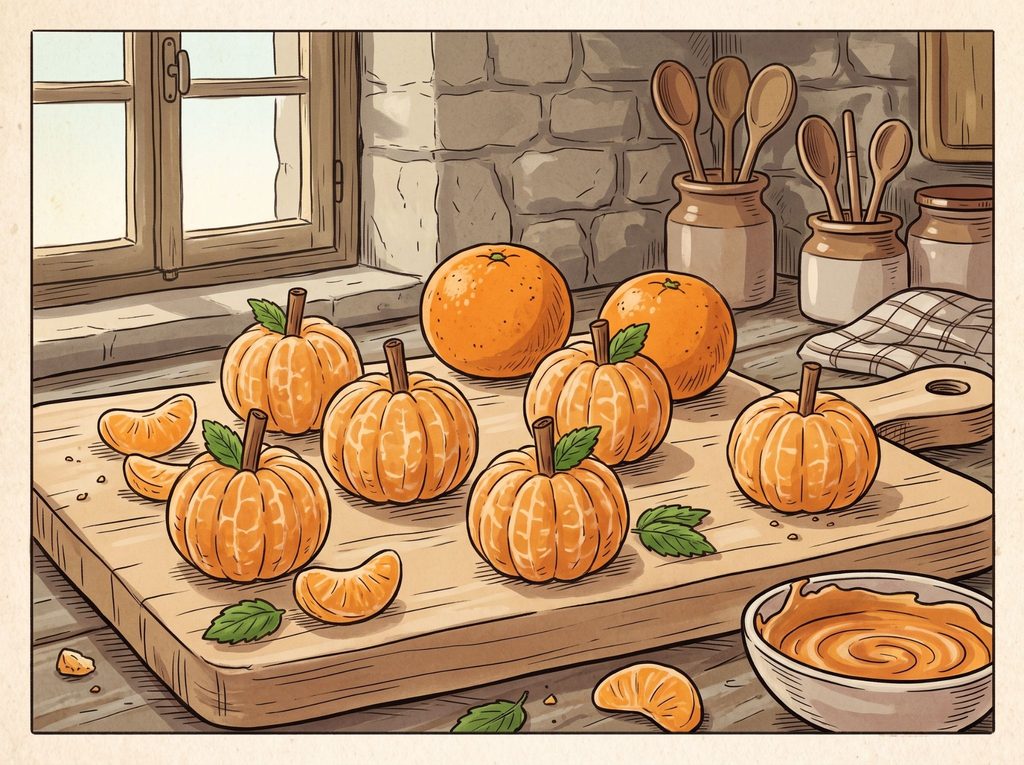 Na imagem, uma ilustração de tangerinas no formato de abóboras para o Halloween. 