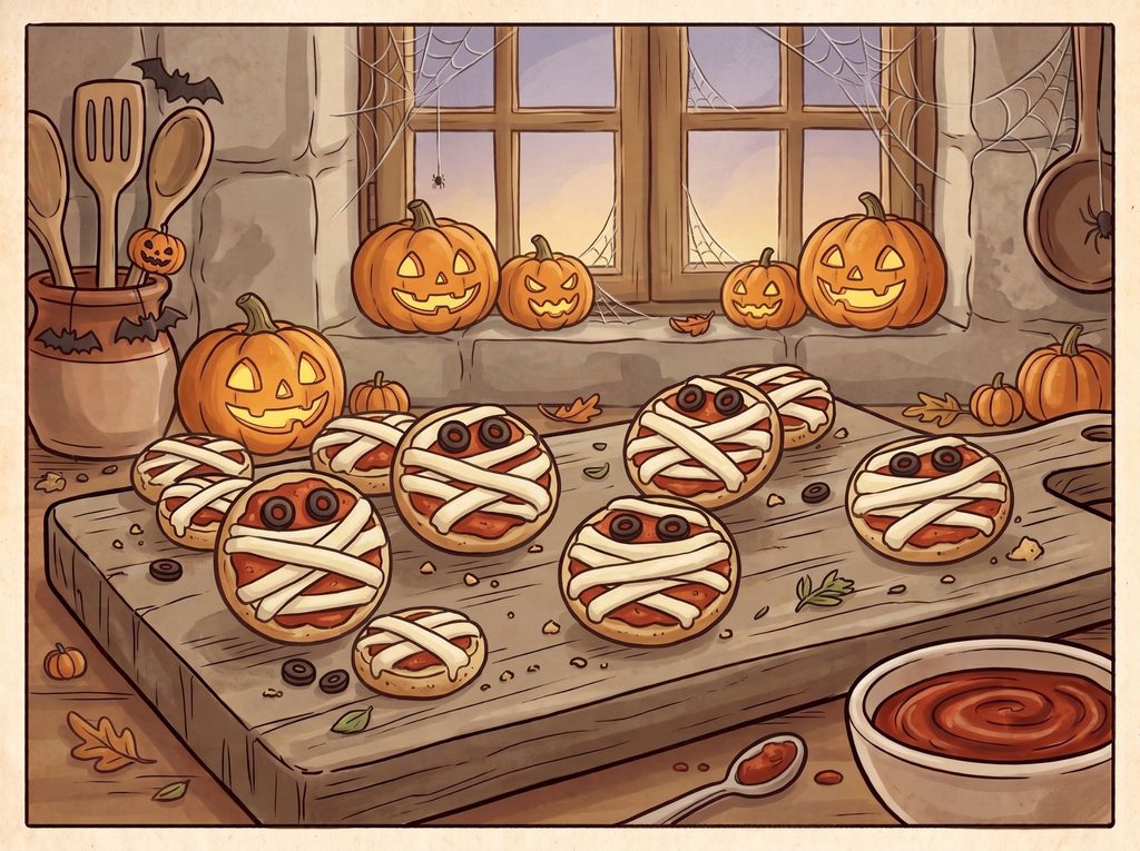 Na imagem, uma ilustração de mini pizzas em formato de múmias para o Halloween.