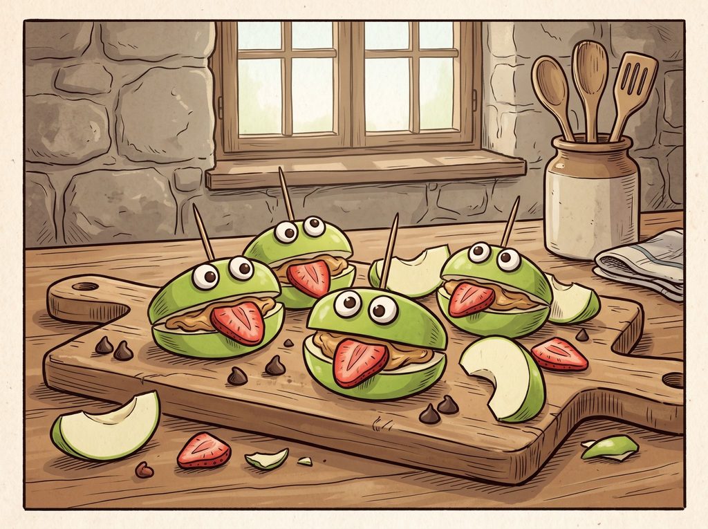 Na imagem, a representação da receita de monstrinhos de maçã com morango. 