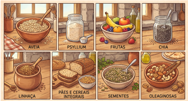 Imagem ilustrativa de alimentos ricos em fibras para compor o café da manhã.